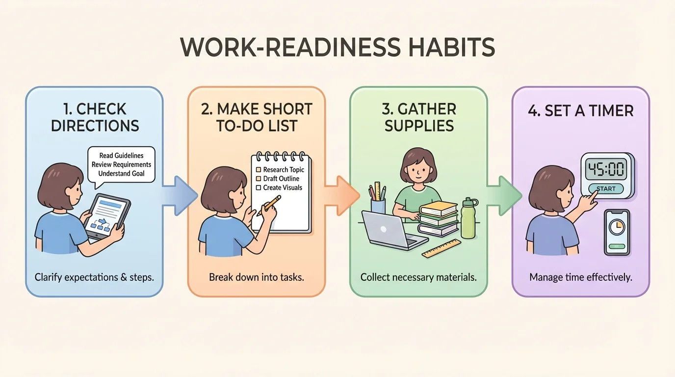 student checking directions, making a short to-do list, gathering supplies, and setting a timer in a four-step flowchart