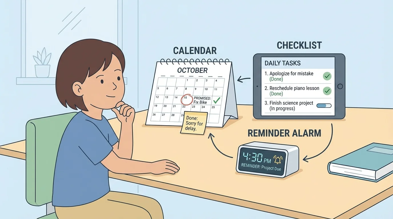 Illustration of a child using a calendar, checklist, and reminder alarm to finish promised tasks on time