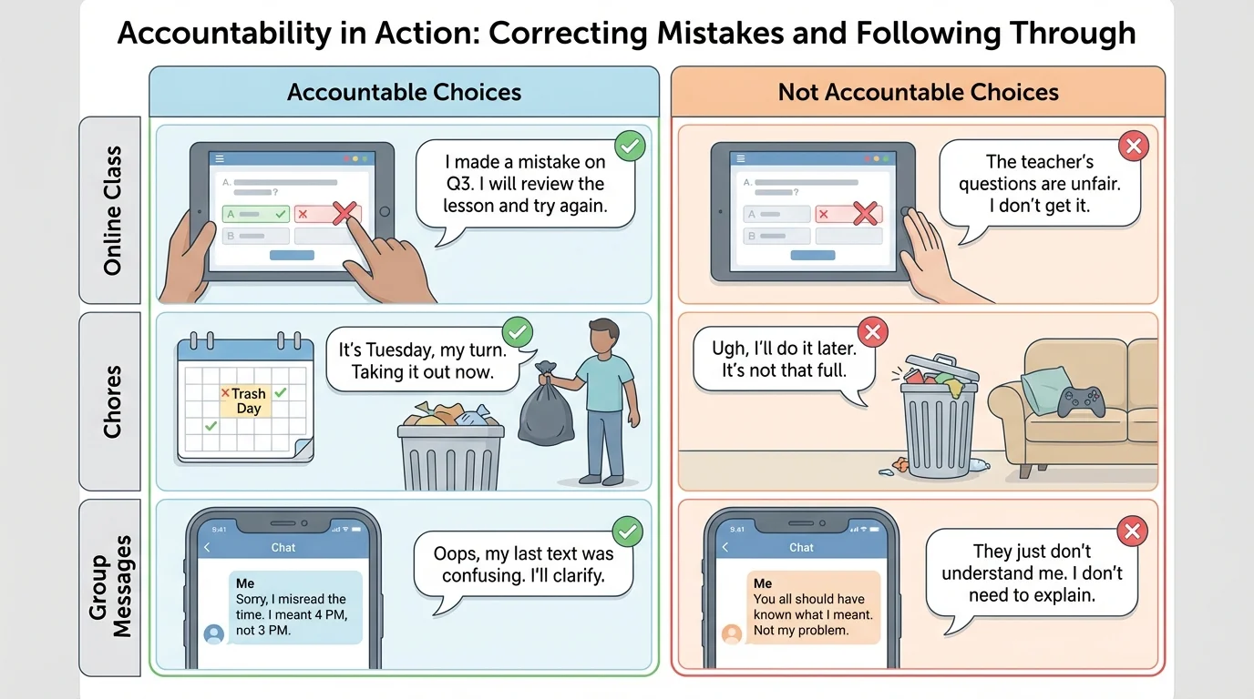 Chart comparing accountable and not accountable choices in online class, chores, and group messages