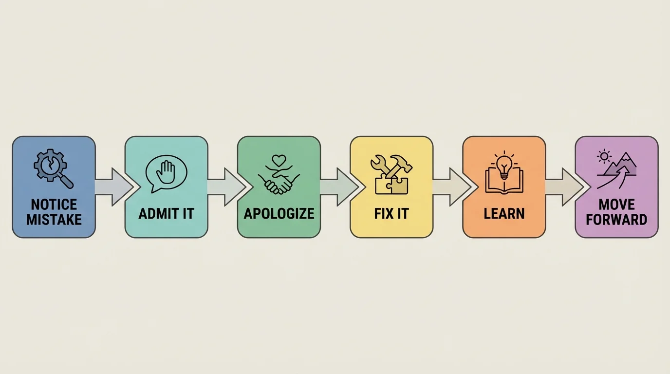 Flowchart showing steps notice mistake, admit it, apologize, fix it, learn, move forward