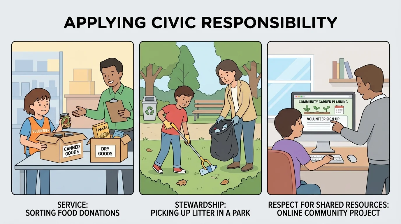 child helping sort food donations, picking up litter in a park, and assisting in an online community project with adult supervision