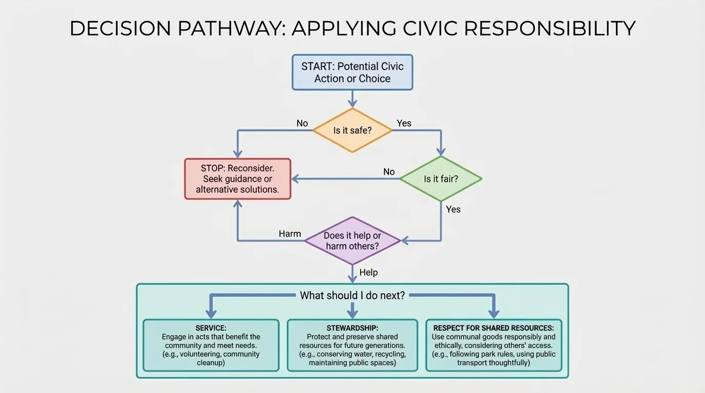 flowchart with questions Is it safe? Is it fair? Does it help or harm others? What should I do next?