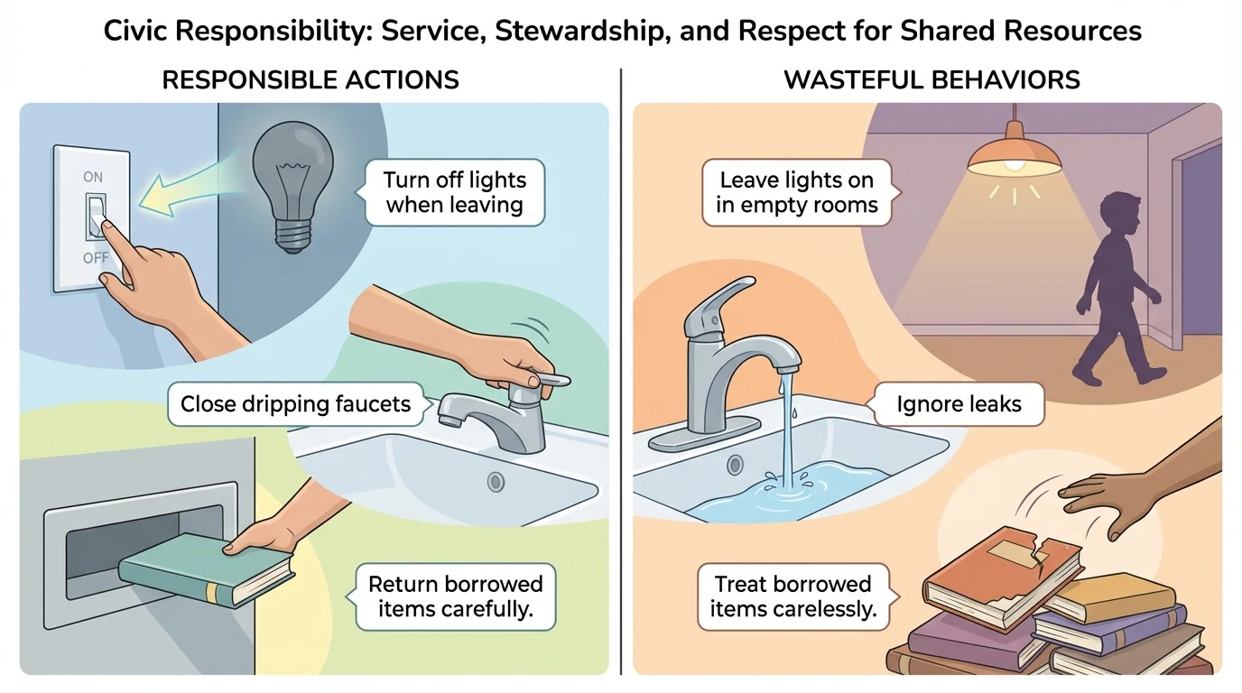 split-scene illustration of a child turning off a light, closing a dripping faucet, and returning a library book carefully versus wasteful behaviors