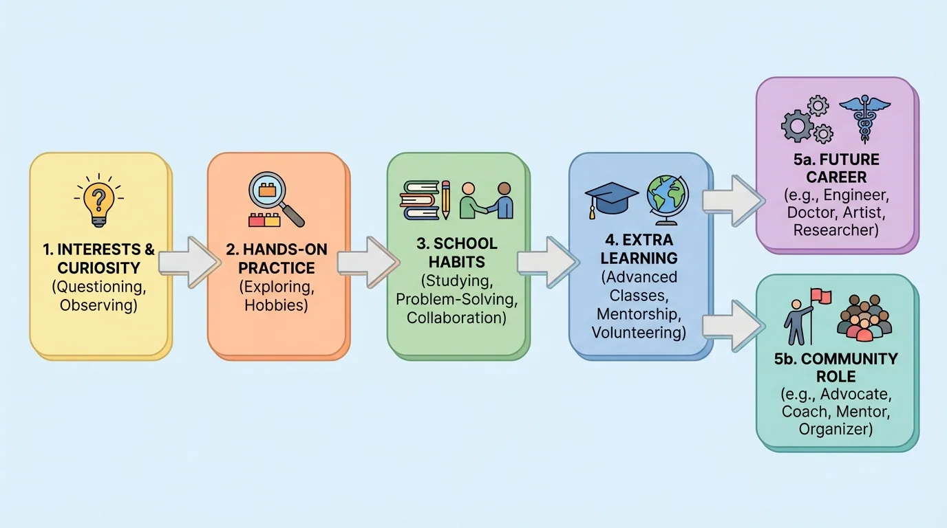 flowchart showing a pathway from interest to practice to school habits to extra learning to future career or community role