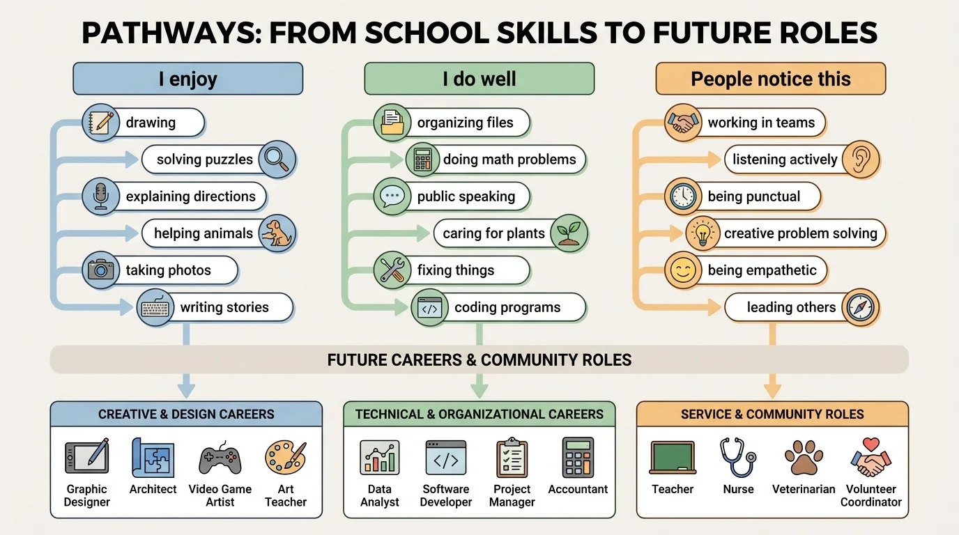 chart with three columns labeled I enjoy, I do well, and People notice this, filled with sample entries such as drawing, organizing files, explaining directions, and helping animals