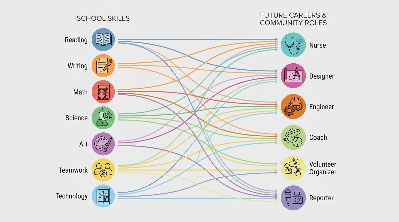 chart linking reading, writing, math, science, art, teamwork, and technology to possible careers and community roles such as nurse, designer, engineer, coach, volunteer organizer, and reporter