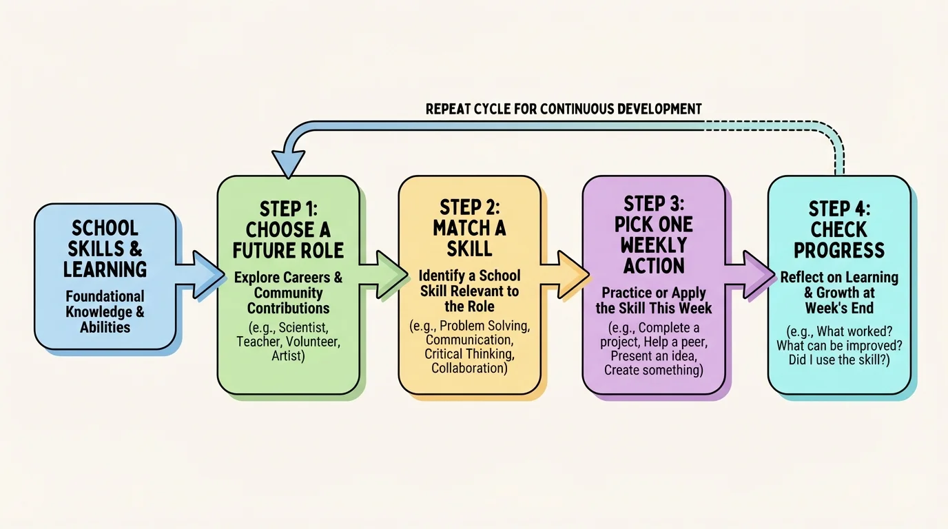 flowchart showing choose a future role, match a skill, pick one weekly action, and check progress at the end of the week