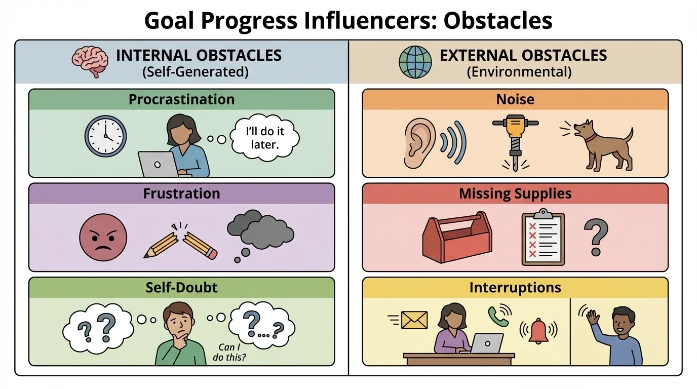 Two-column comparison chart of internal obstacles and external obstacles with simple examples such as procrastination, frustration, noise, missing supplies, changing schedules, and interruptions