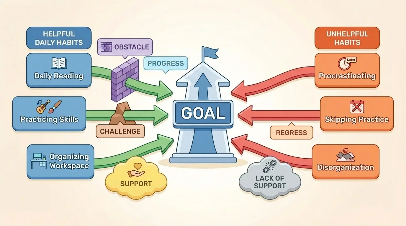 Goal in the center with arrows from helpful daily habits moving progress forward and arrows from unhelpful habits slowing progress backward, using child-friendly examples like reading, practicing, organizing, and delaying