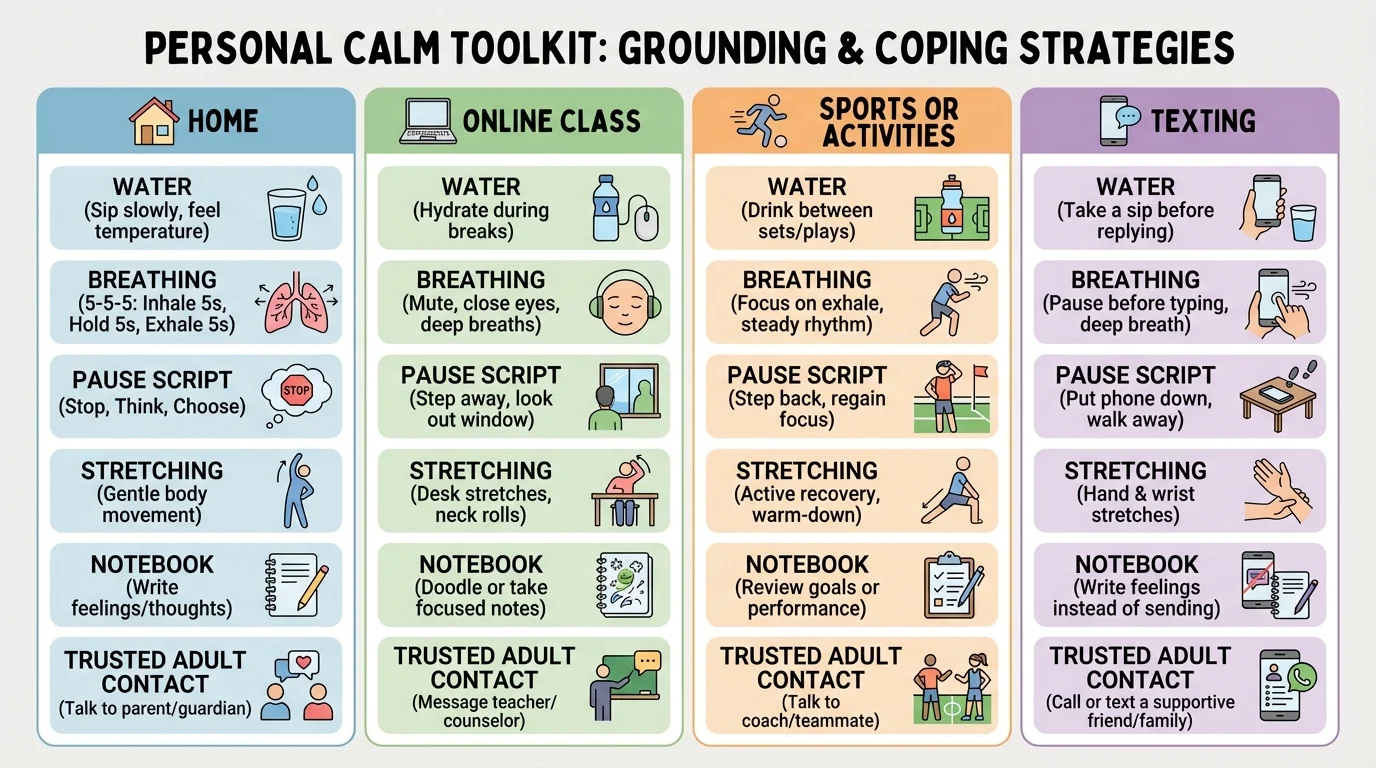 Personal calm toolkit chart with categories home, online class, sports or activities, and texting; each category lists simple tools like water, breathing, pause script, stretching, notebook, trusted adult contact