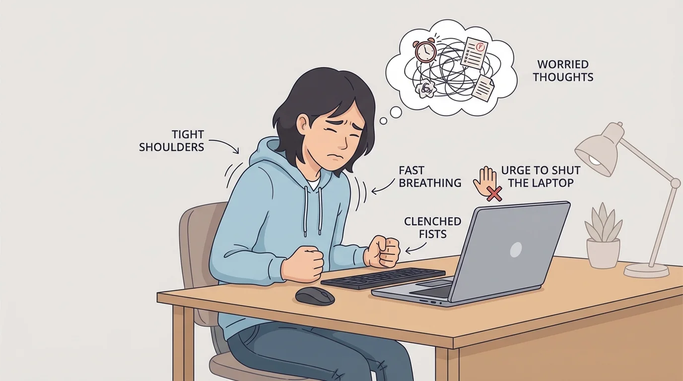 A student at a computer during a stressful moment, with simple labels showing tight shoulders, fast breathing, worried thoughts, clenched fists, and urge to shut the laptop
