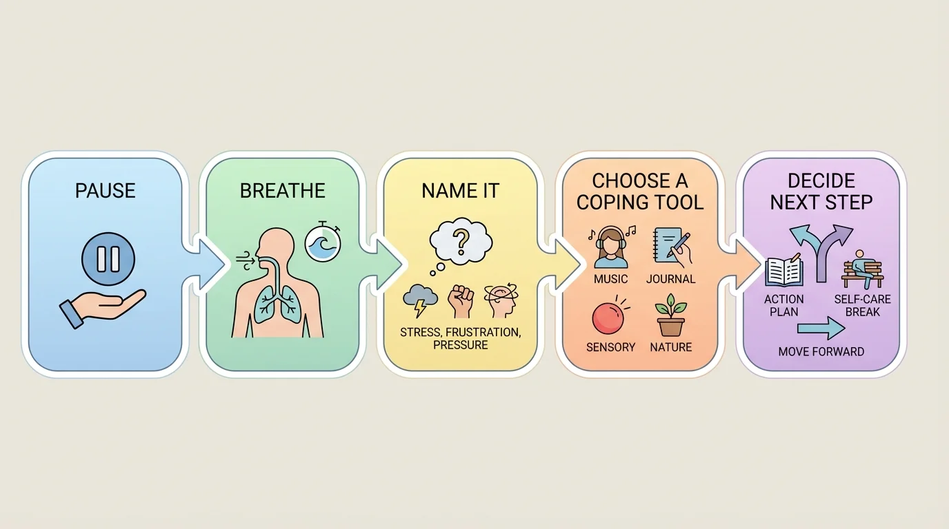 Five-step calm routine with arrows: Pause, Breathe, Name it, Choose a coping tool, Decide next step