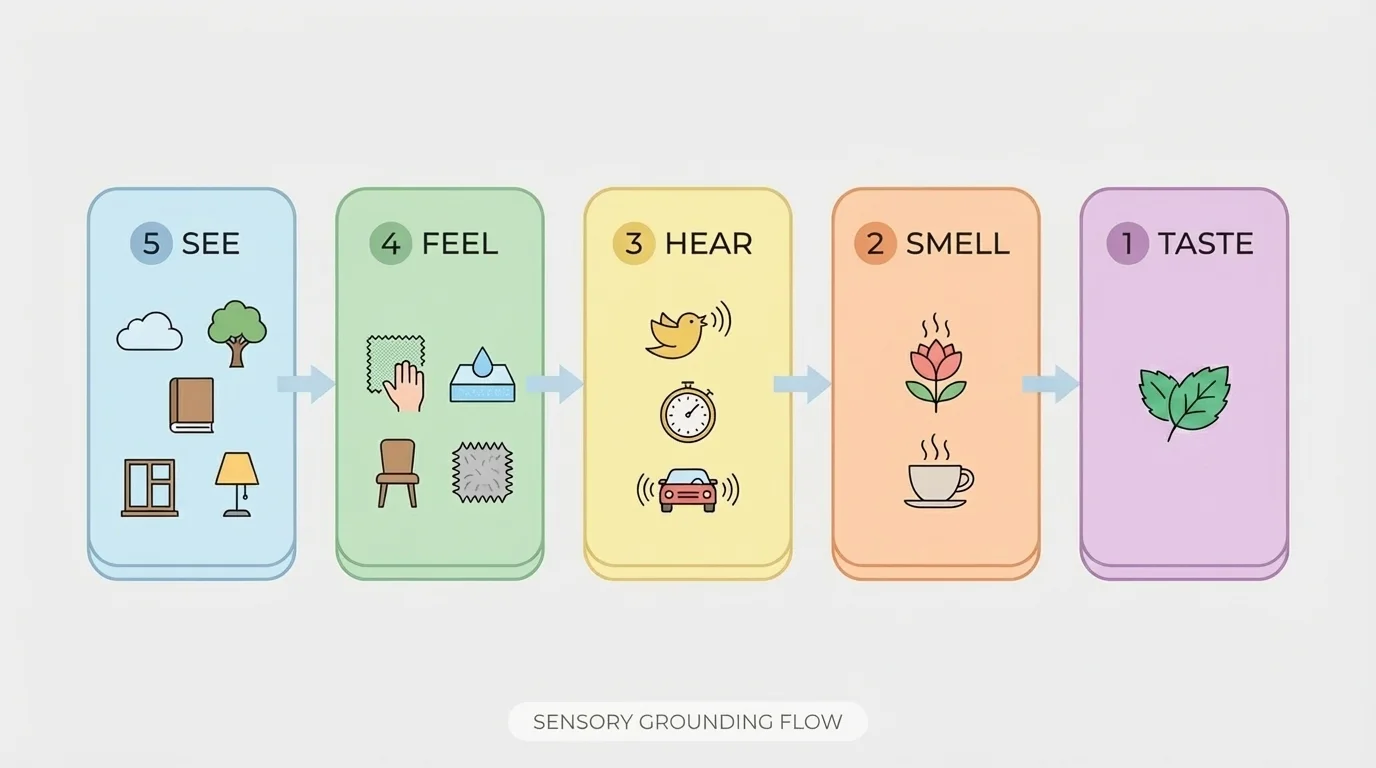 Sensory grounding flow with five boxes labeled 5 see, 4 feel, 3 hear, 2 smell, 1 taste, each with simple icons
