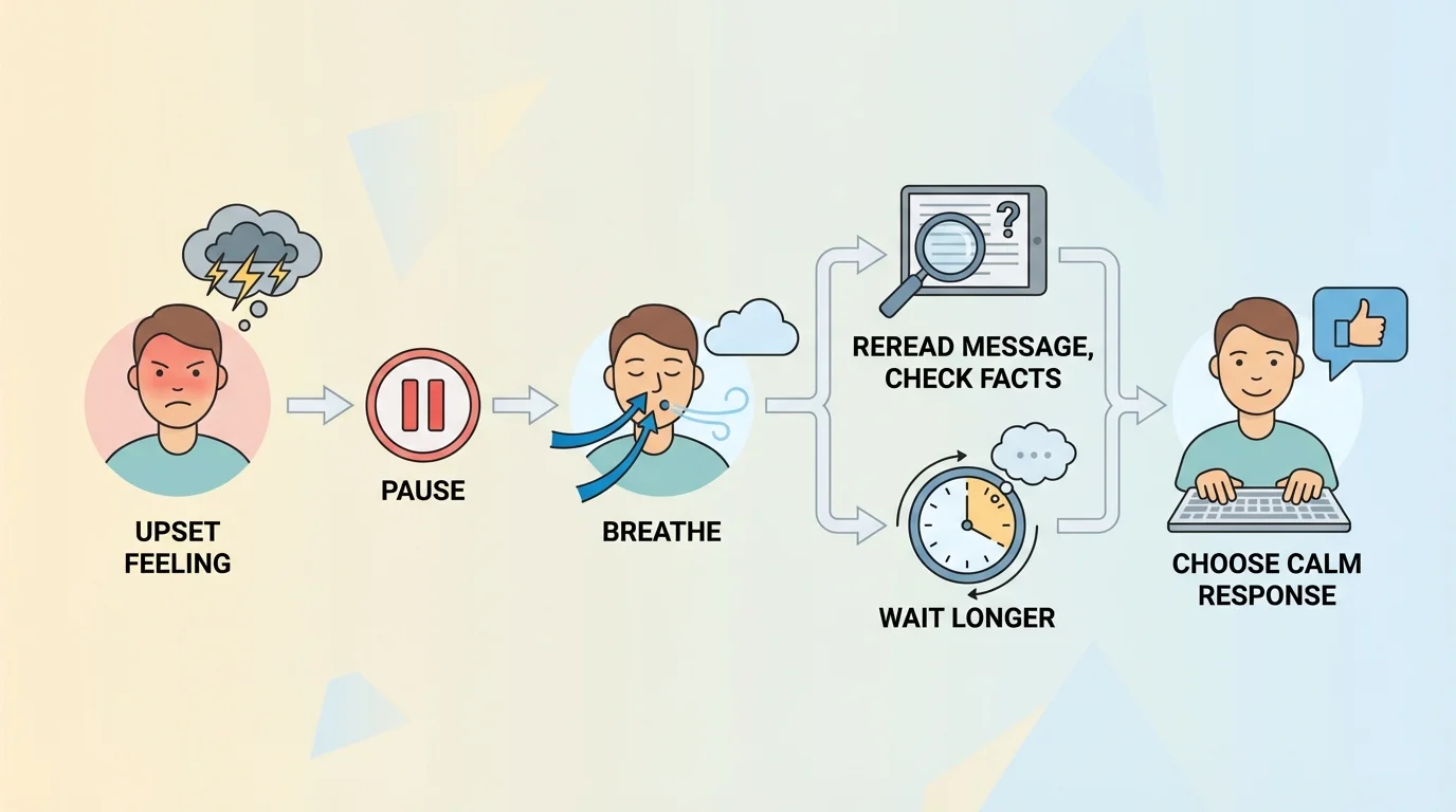 upset feeling leads to pause, breathe, reread message, check facts, then choose calm response or wait longer
