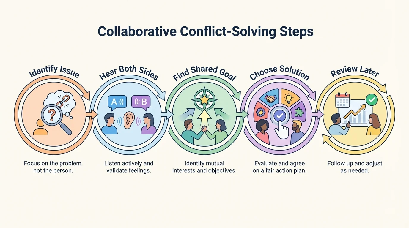 collaborative conflict-solving steps from identify issue to hear both sides, find shared goal, choose solution, and review later