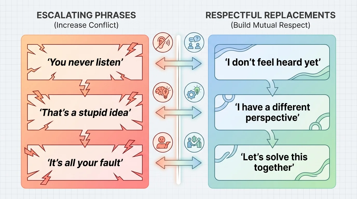 two-column comparison chart with escalating phrases like 'You never listen' and respectful replacements like 'I don't feel heard yet'