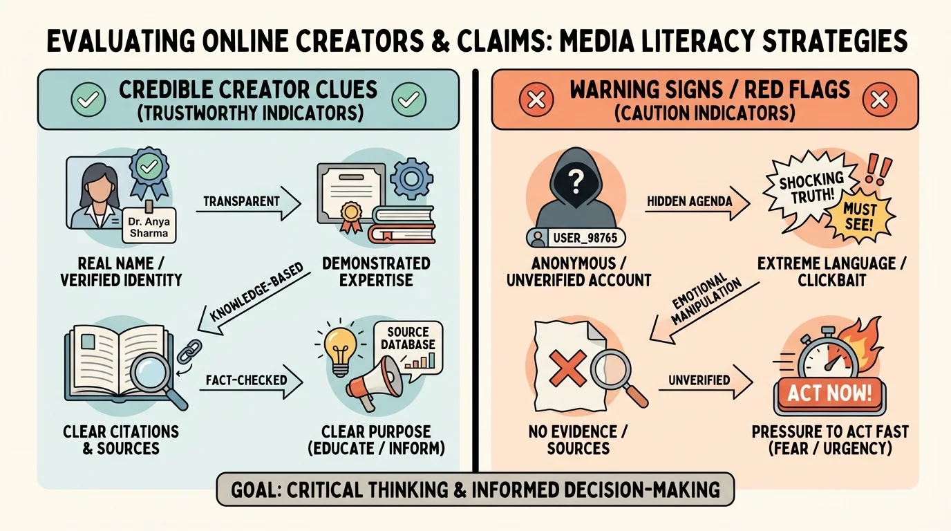 two-column chart comparing creator clues such as real name, expertise, citations, clear purpose versus anonymous account, extreme language, no evidence, pressure to act fast