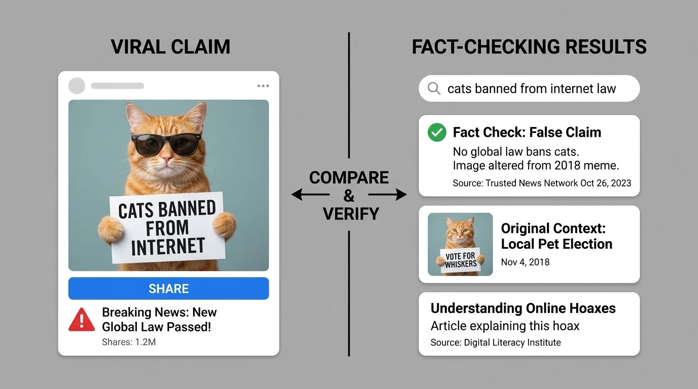 student at a tablet comparing a viral image with search results showing older versions and different context labels