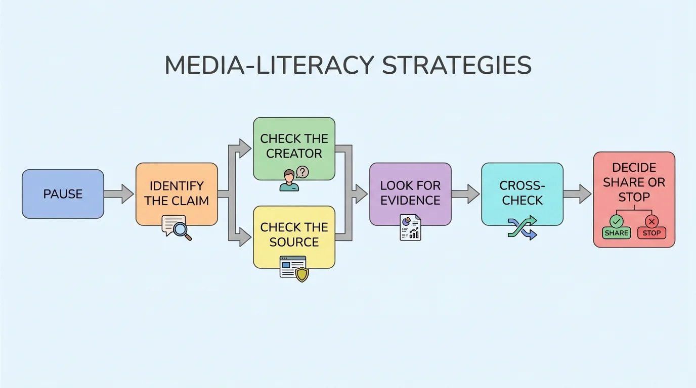 flowchart with boxes reading Pause, Identify the claim, Check the creator, Check the source, Look for evidence, Cross-check, Decide share or stop