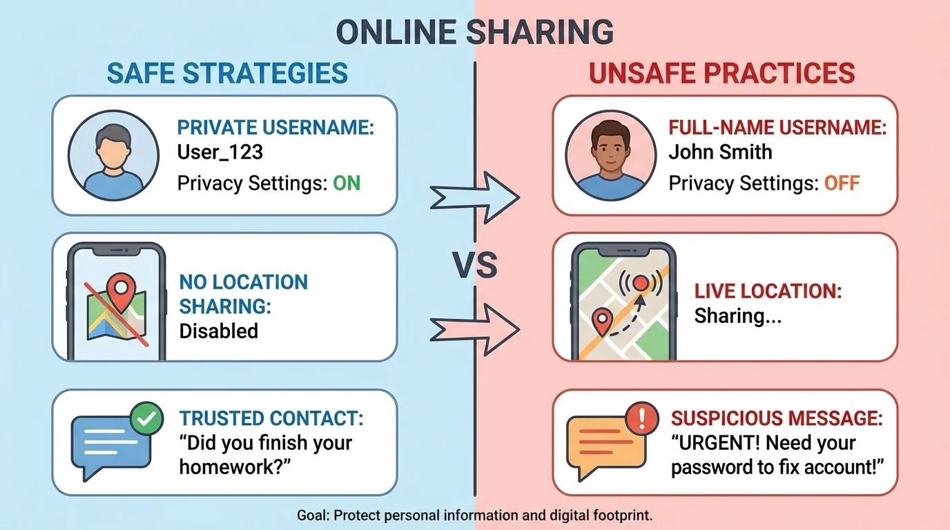 safe versus unsafe online sharing examples, including private username vs full-name username, no location sharing vs live location, trusted contact vs suspicious message asking for password