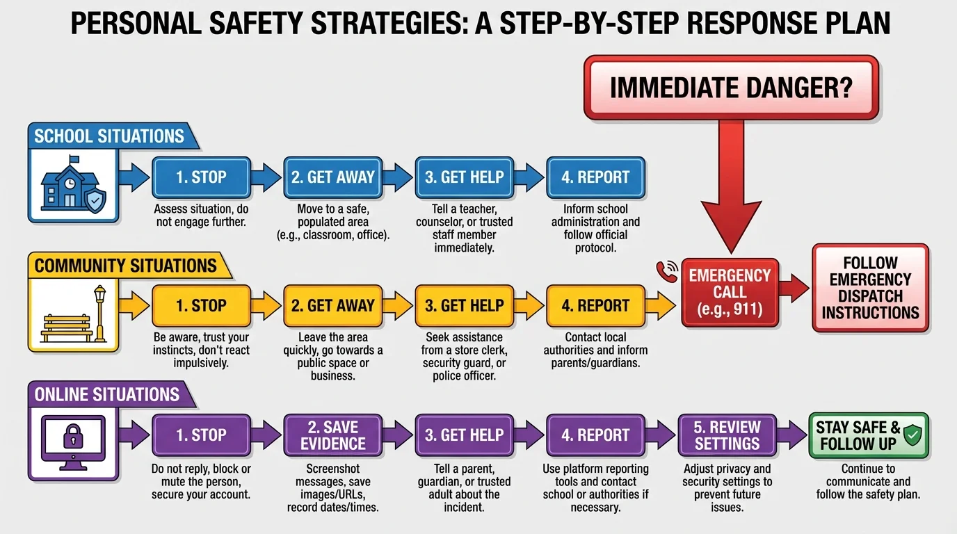 step-by-step safety response plan with boxes and arrows labeled stop, get away, get help, report, and save evidence for online situations, plus emergency call if immediate danger