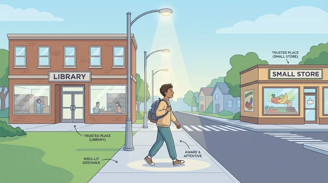 student walking in a neighborhood on a well-lit sidewalk, paying attention instead of looking at a phone, with nearby trusted places like a library and small store labeled simply
