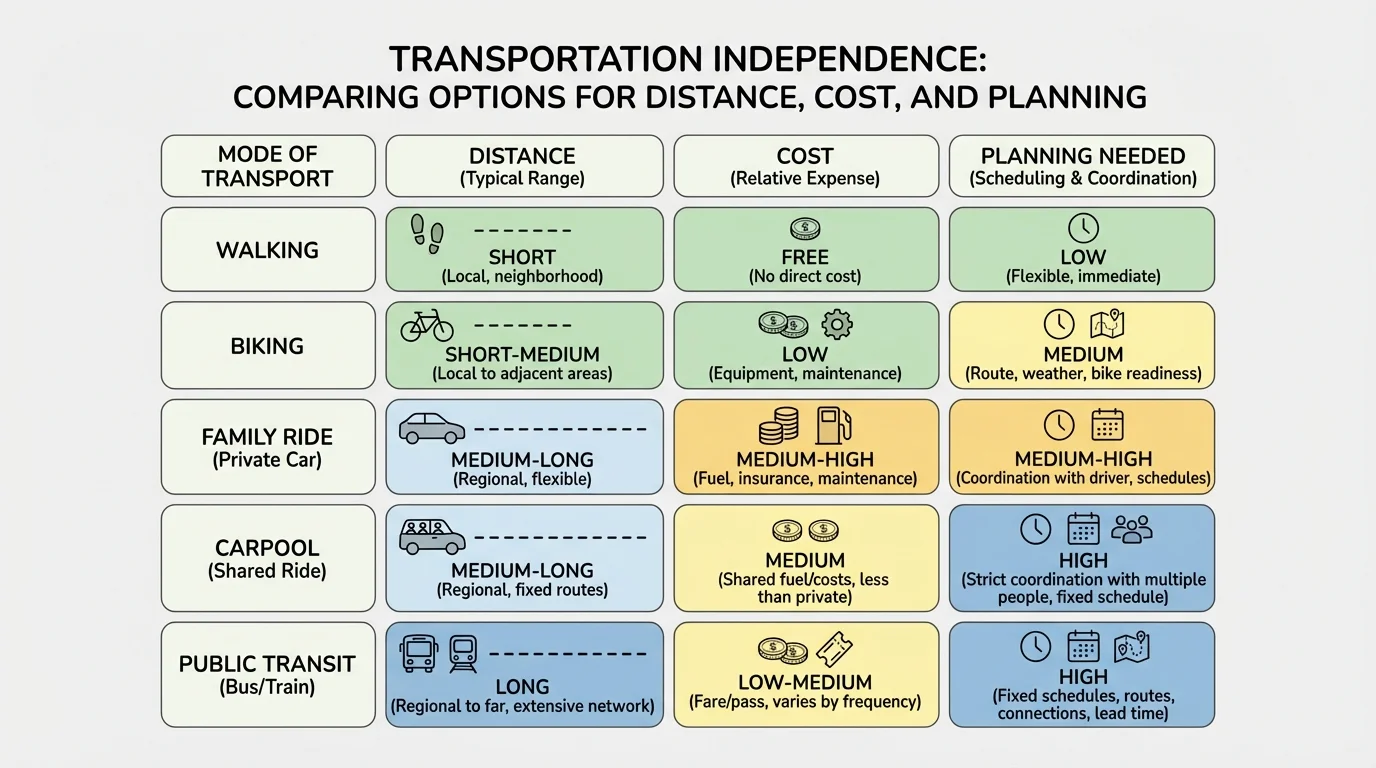 chart comparing walking, biking, family ride, carpool, and public transit for distance, cost, and planning needed