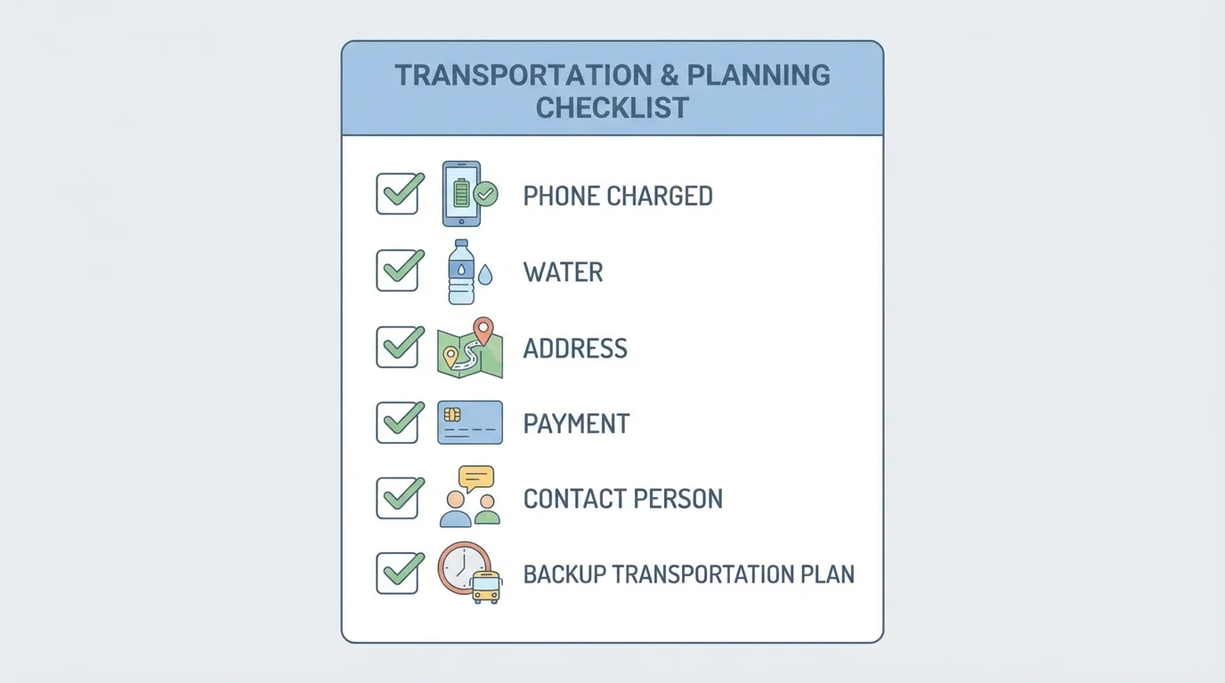 checklist illustration showing phone charged, water, address, payment, contact person, and backup transportation plan