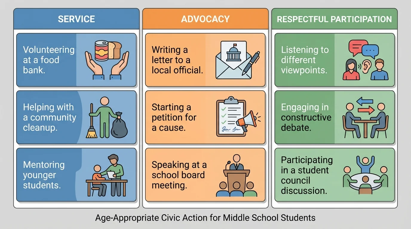 comparison chart with three columns labeled service, advocacy, and respectful participation, each with short example actions for a middle-school student