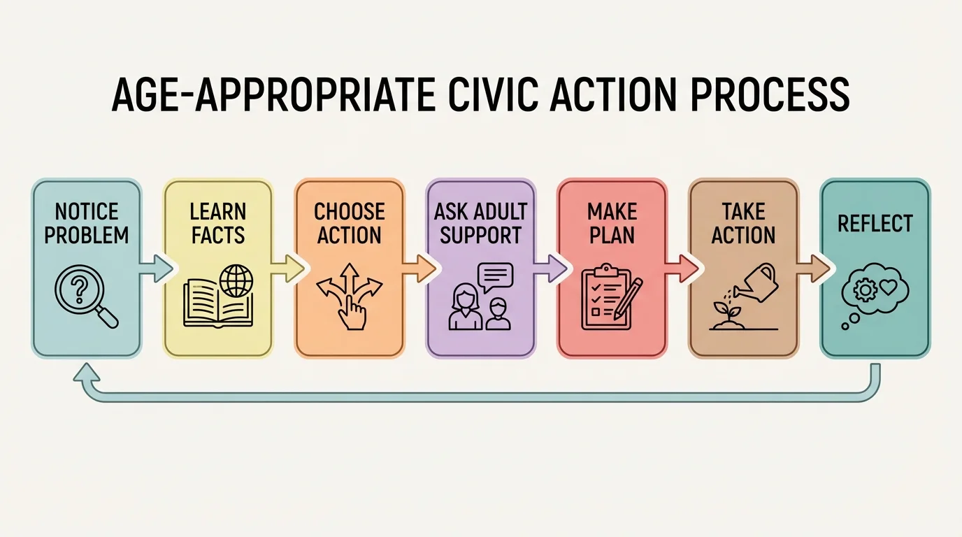 step-by-step civic action process with boxes labeled notice problem, learn facts, choose action, ask adult support, make plan, take action, reflect