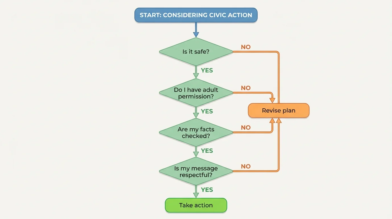 decision flowchart with boxes reading Is it safe, Do I have adult permission, Are my facts checked, Is my message respectful, leading to either Take action or Revise plan