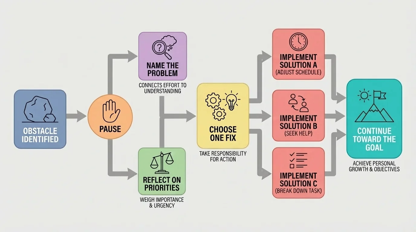 decision tree showing obstacle identified, pause, name the problem, choose one fix, and continue toward the goal