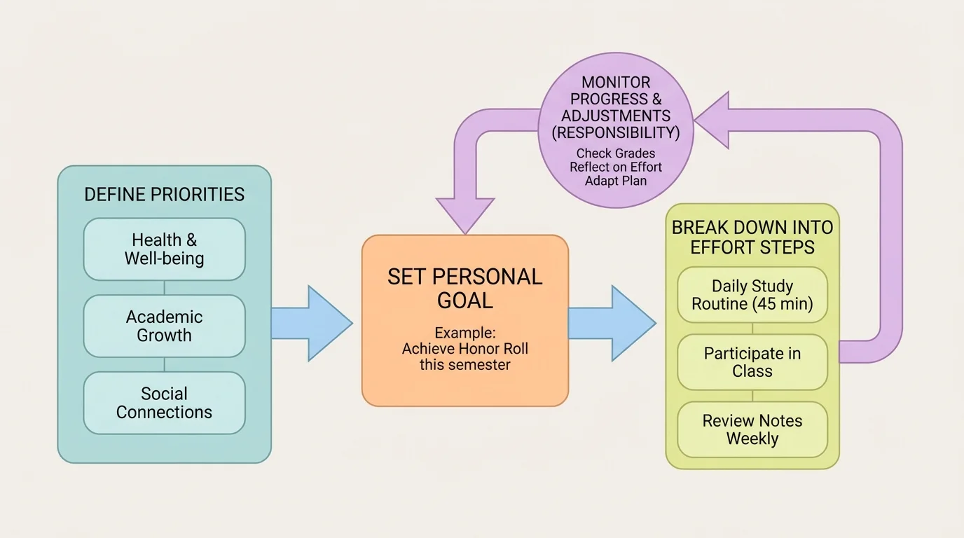 simple flowchart showing priorities leading to a personal goal, the goal leading to effort steps, and responsibility checking progress and adjustments