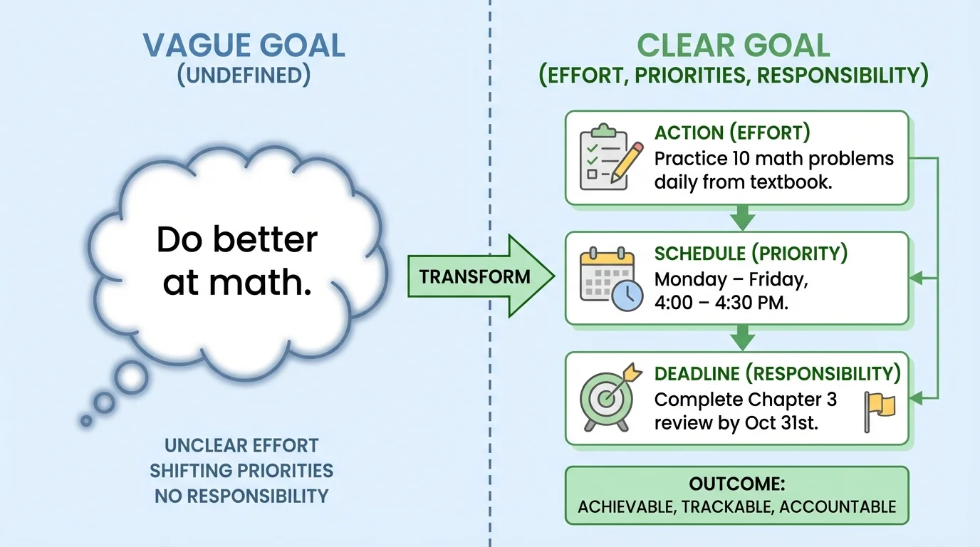 side-by-side comparison chart showing vague goal 'do better at math' transformed into a clear goal with action, schedule, and deadline
