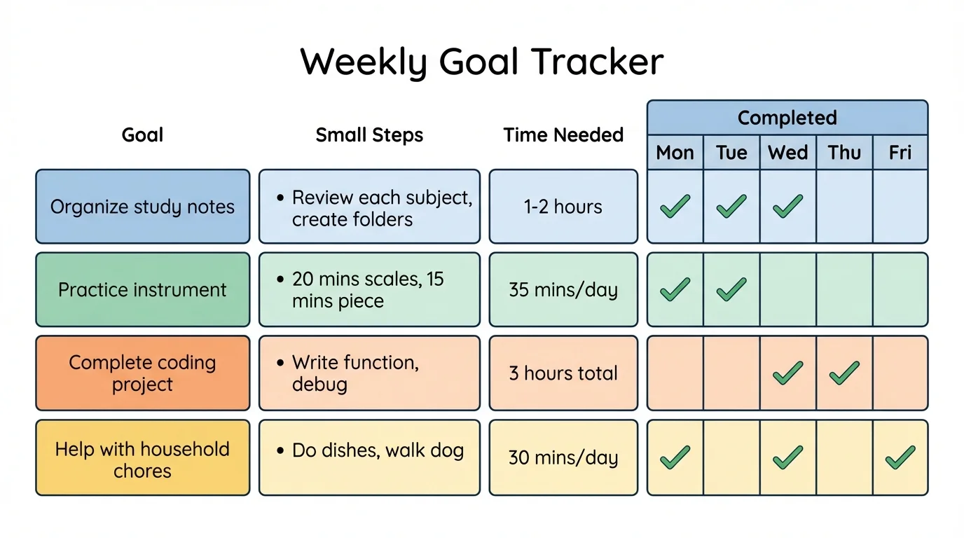 weekly goal tracker page with columns labeled goal, small steps, time needed, and completed check marks for several days