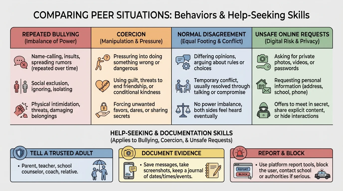 chart comparing repeated bullying, coercion, normal disagreement, and unsafe online requests with example behaviors