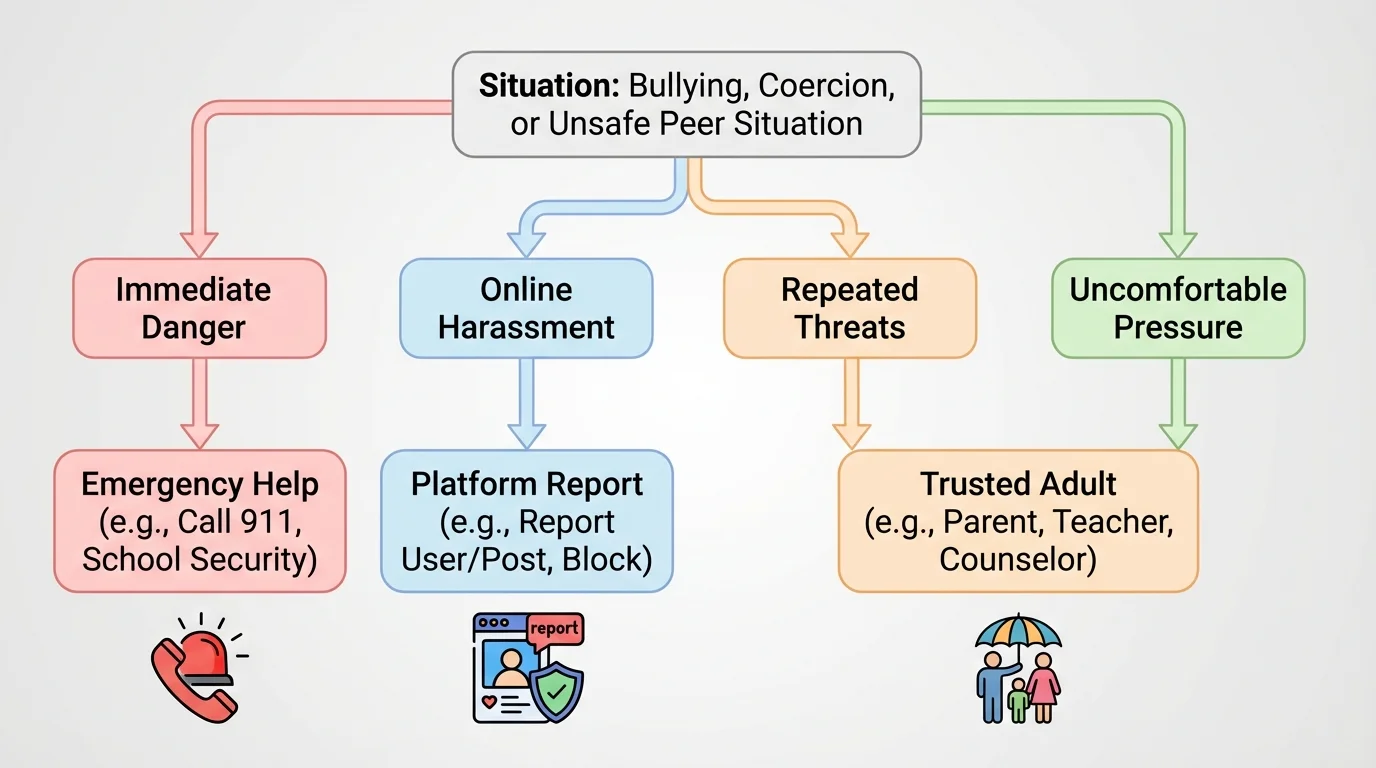 flowchart with branches for immediate danger, online harassment, repeated threats, and uncomfortable pressure leading to emergency help, trusted adult, or platform report