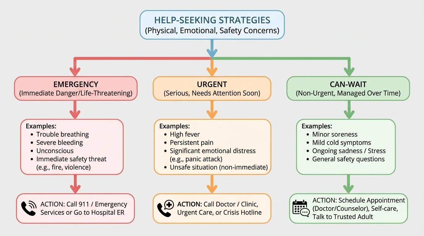 flowchart with three branches labeled emergency, urgent, and can-wait, with example situations such as trouble breathing, high fever, ongoing sadness, and minor soreness