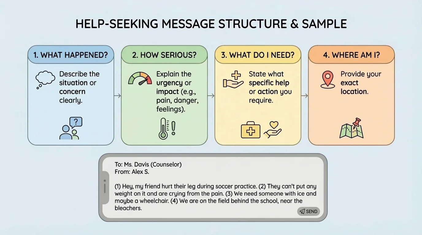 four-box message structure labeled what happened, how serious, what I need, and where I am, with a sample text message from a student seeking help