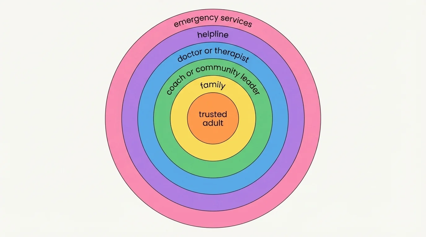 concentric circles of support labeled trusted adult, family, coach or community leader, doctor or therapist, helpline, and emergency services