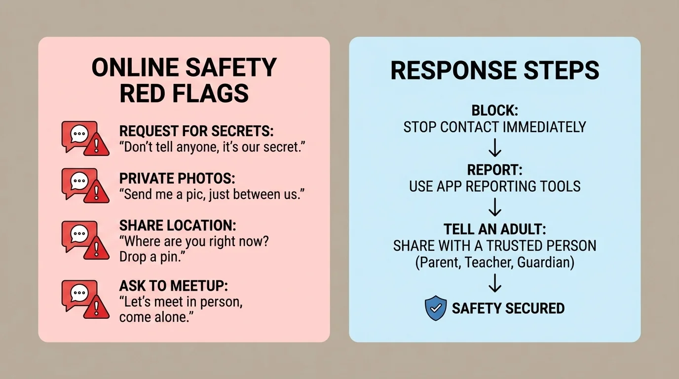 phone screen with online safety red flags such as requests for secrets, private photos, location, and meetup, alongside response steps block, report, tell an adult