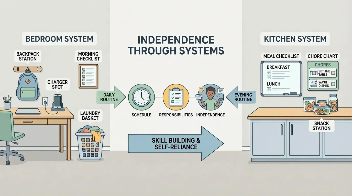 Bedroom and kitchen household system with labeled basket for laundry, backpack station, charger spot, and meal checklist
