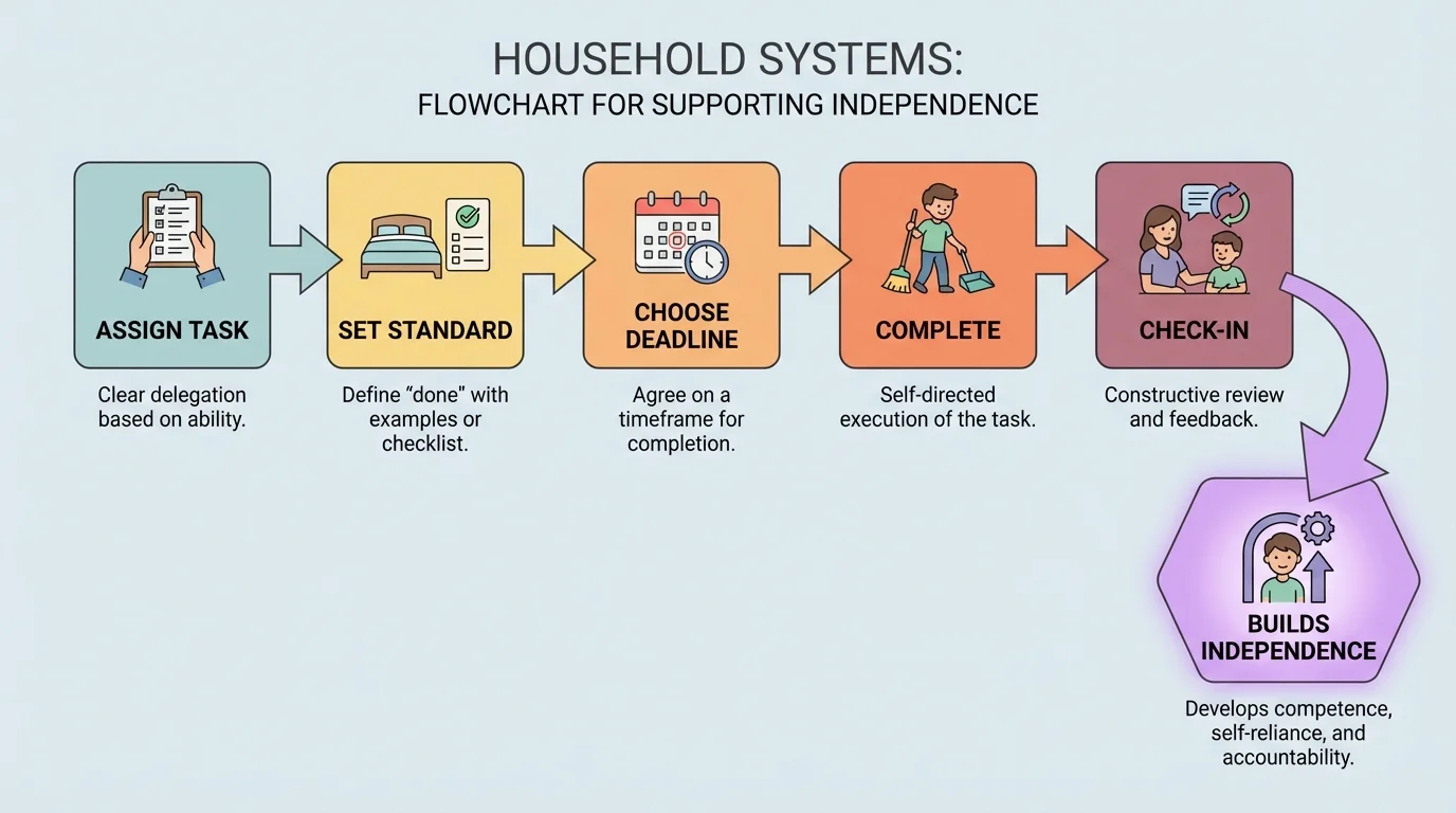 Family responsibility flowchart with steps assign task, set standard, choose deadline, complete, and check in