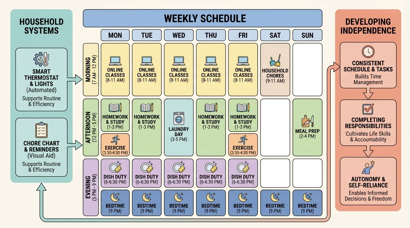 Weekly schedule chart with online classes, homework, laundry day, dish duty, exercise, and bedtime blocks