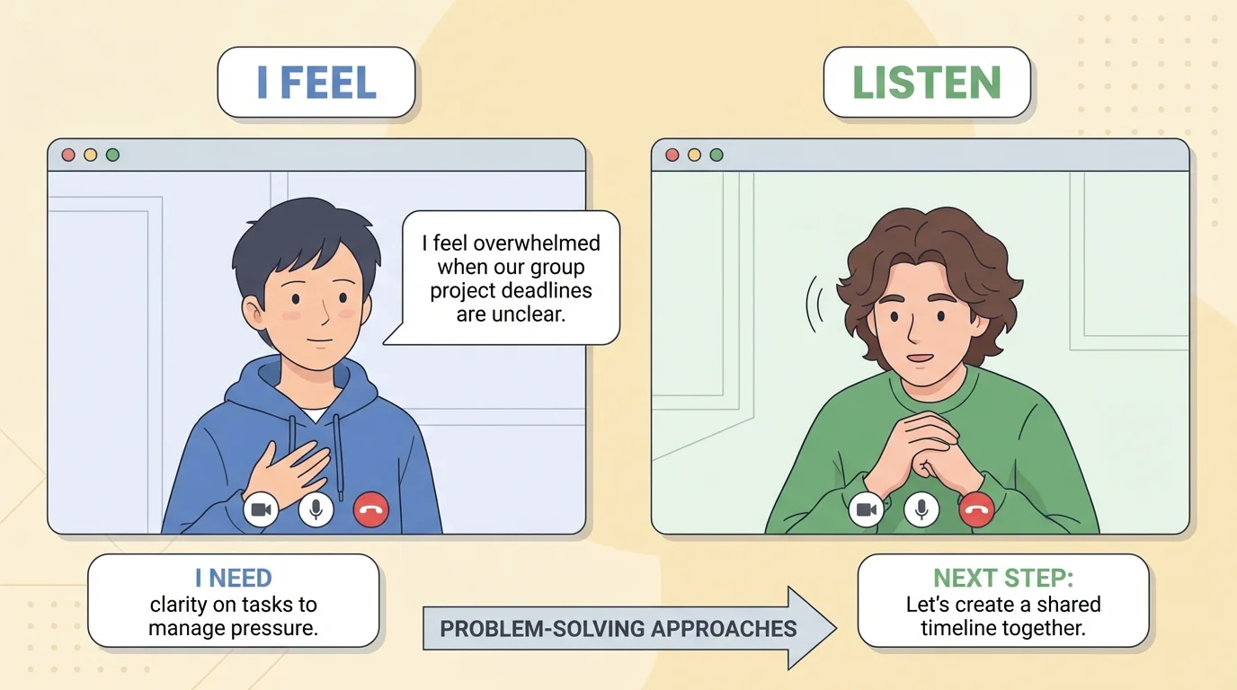 two teens on a video call, one speaking with an I feel statement, the other listening, with simple labels listen, I feel, I need, next step