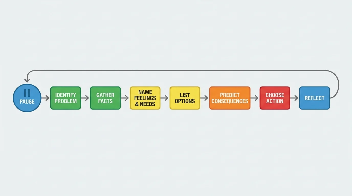 flowchart showing pause, identify problem, gather facts, name feelings and needs, list options, predict consequences, choose action, reflect
