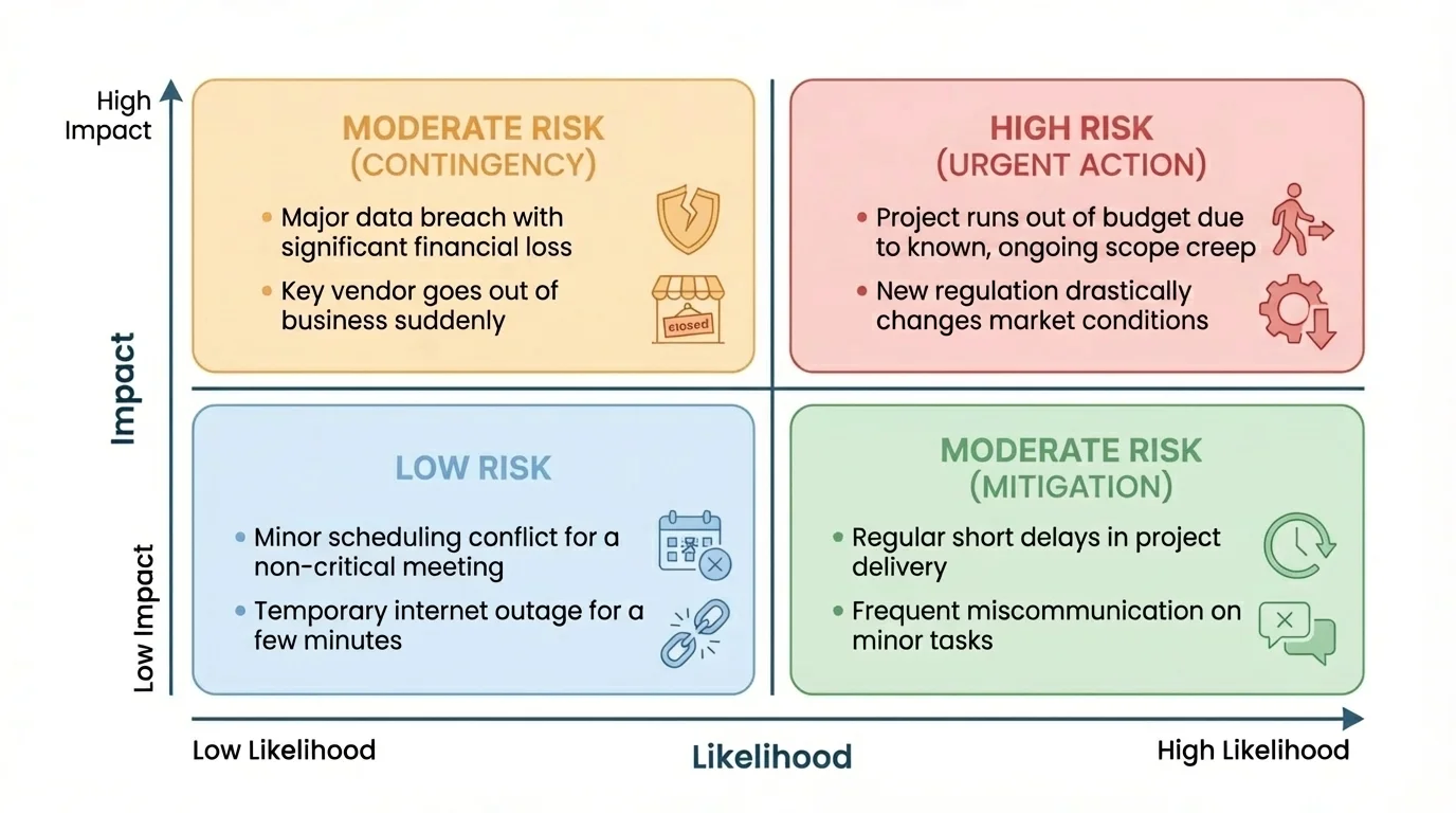 four-quadrant risk grid labeled low likelihood, high likelihood, low impact, high impact with simple example choices placed in each quadrant