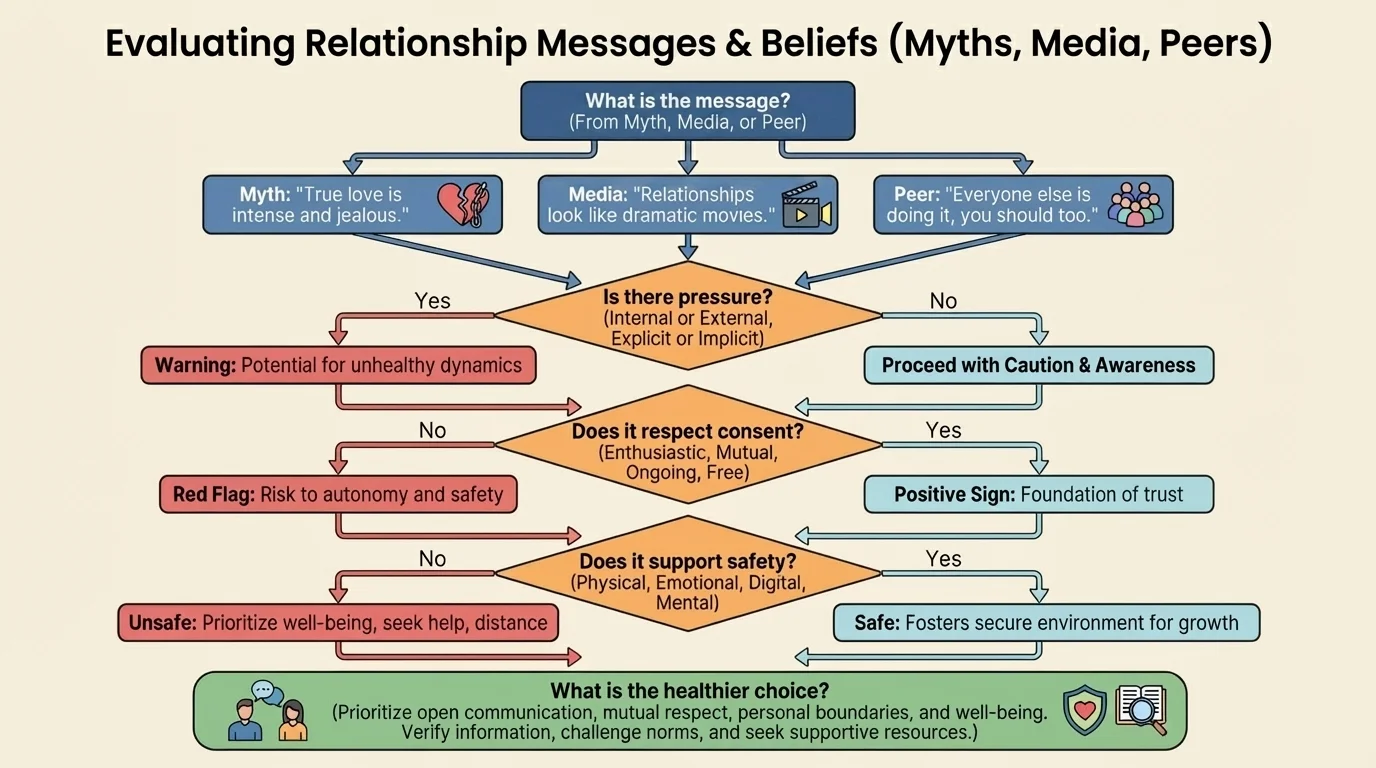 Decision flowchart for evaluating a relationship message with question boxes: What is the message, Is there pressure, Does it respect consent, Does it support safety, What is the healthier choice
