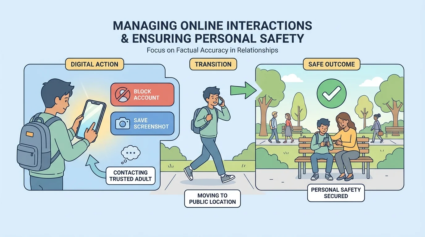 Teen using phone privacy tools, blocking an account, saving screenshots, and contacting a trusted adult while moving to a public safe location