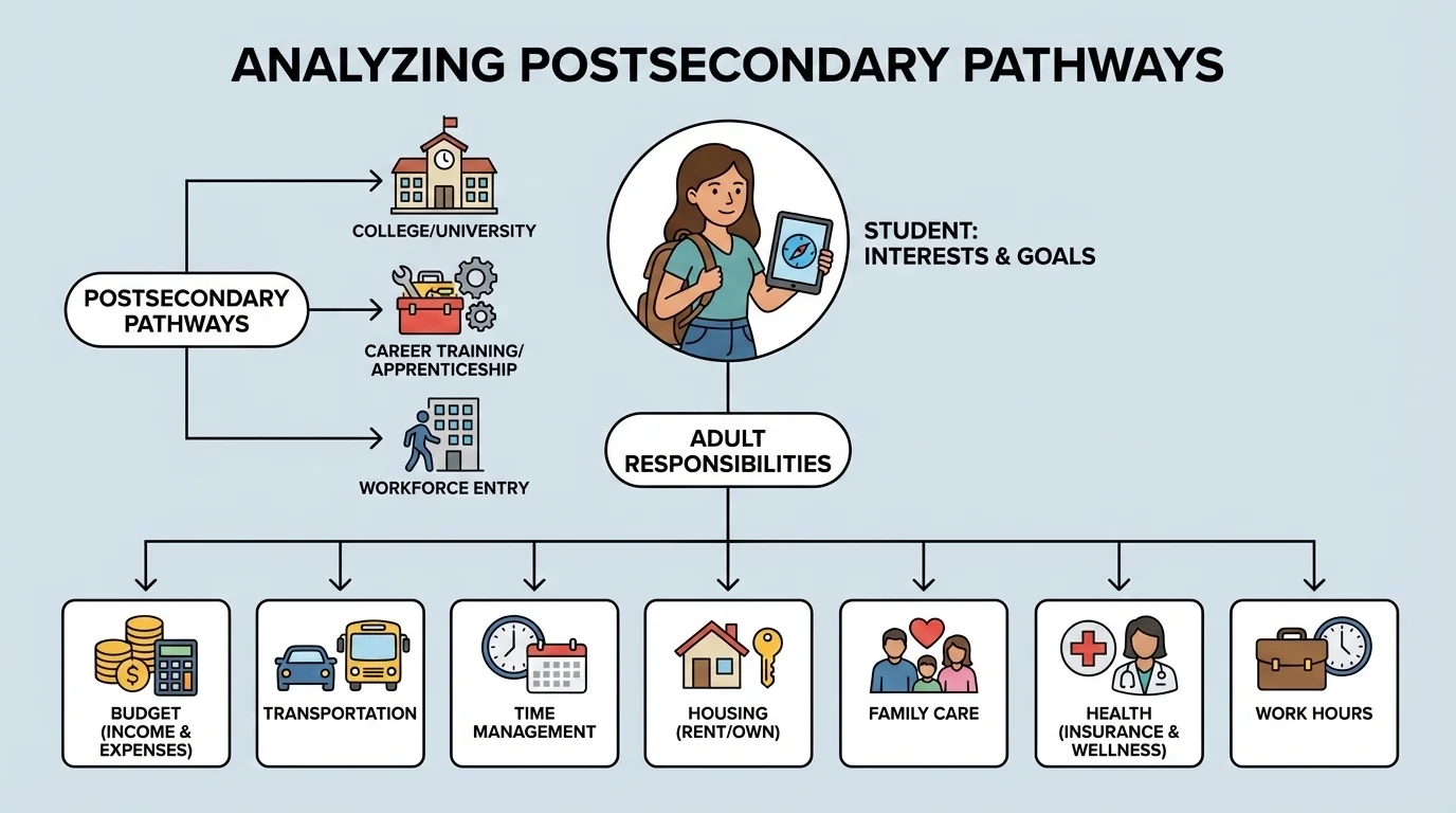 illustration of a student at center with connected labels for budget, transportation, work hours, family care, housing, health, and time management